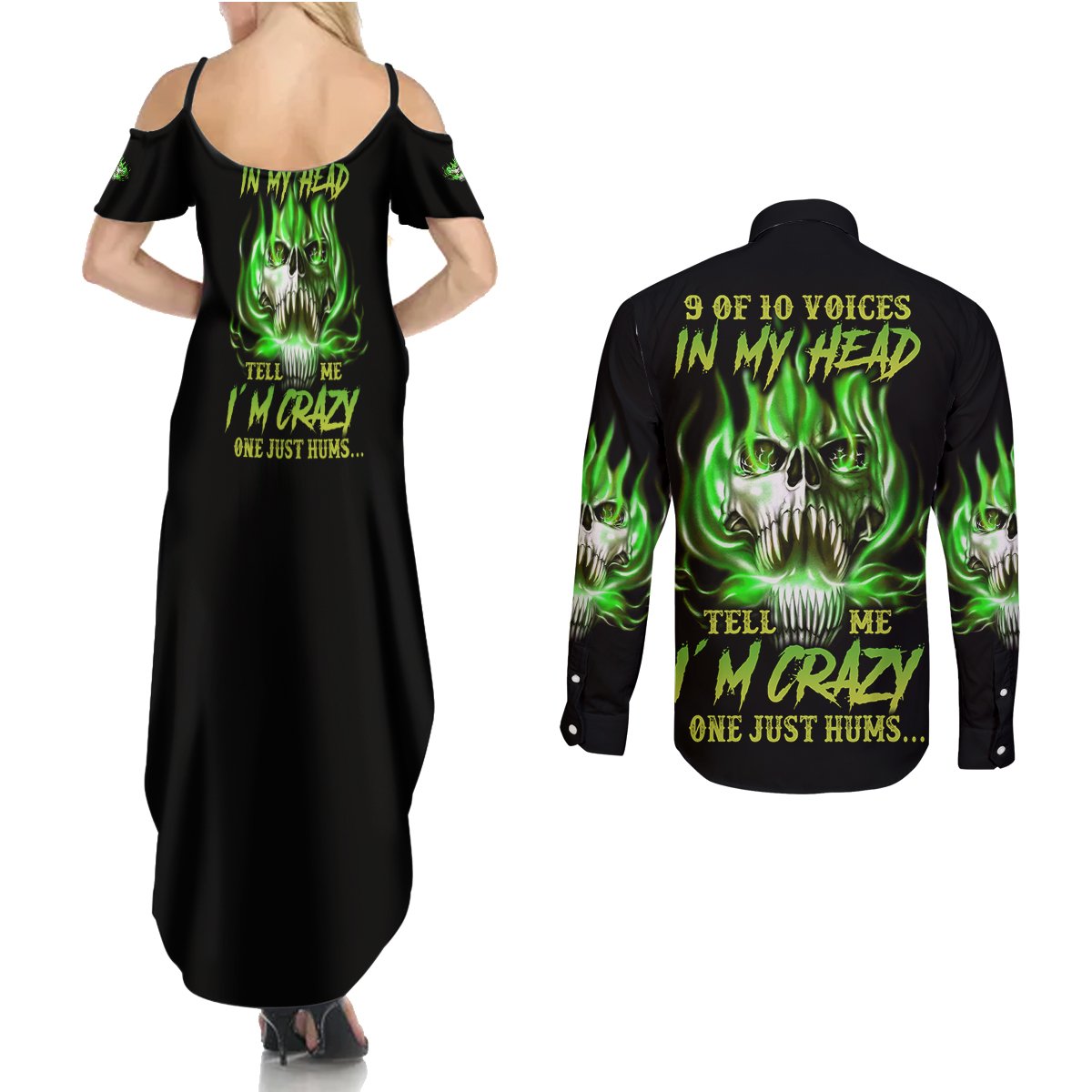 9 Of 10 Voices In My Head Fire Skull Couples Matching Summer Maxi Dress and Long Sleeve Button Shirt - Wonder Print Shop