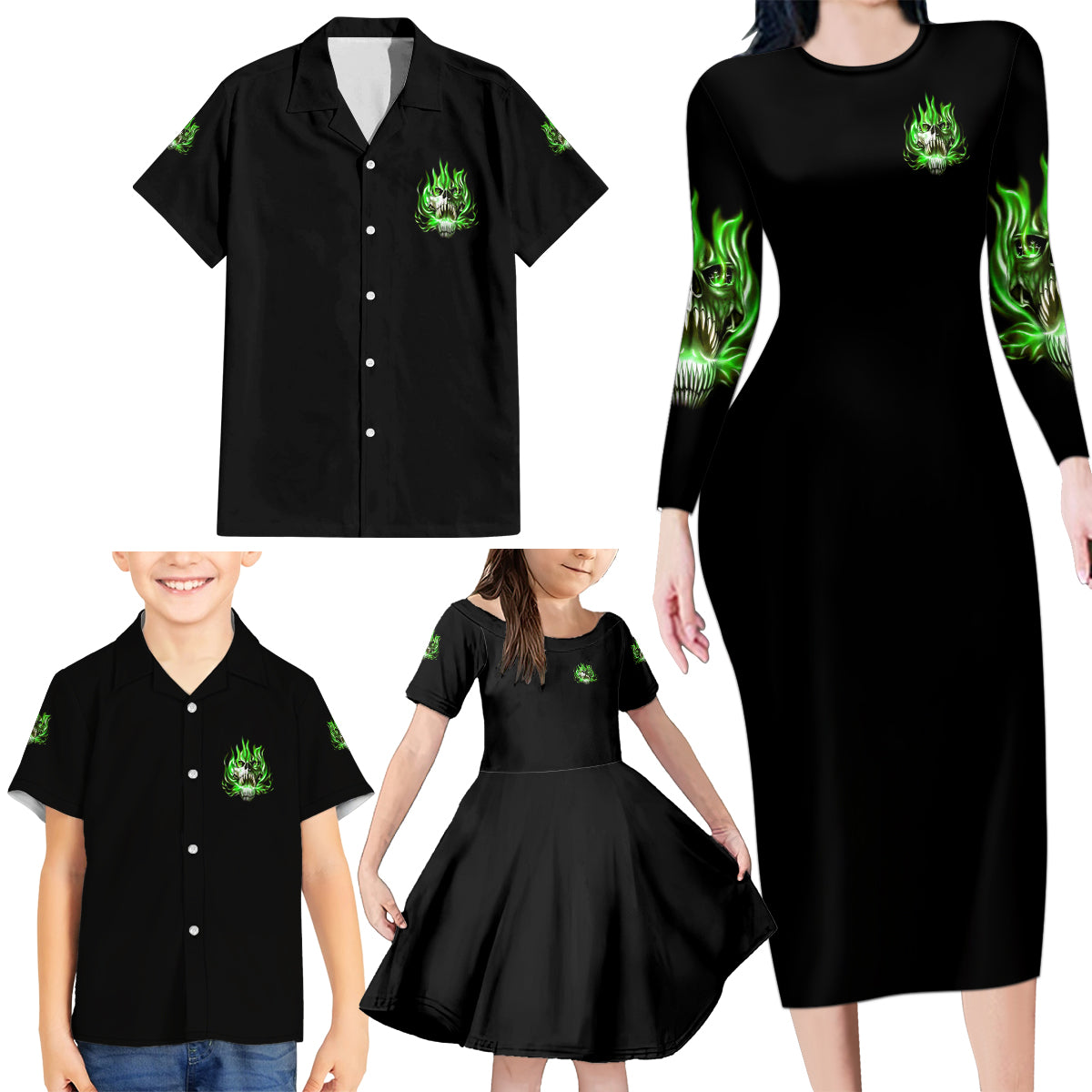 9 Of 10 Voices In My Head Fire Skull Family Matching Long Sleeve Bodycon Dress and Hawaiian Shirt - Wonder Print Shop