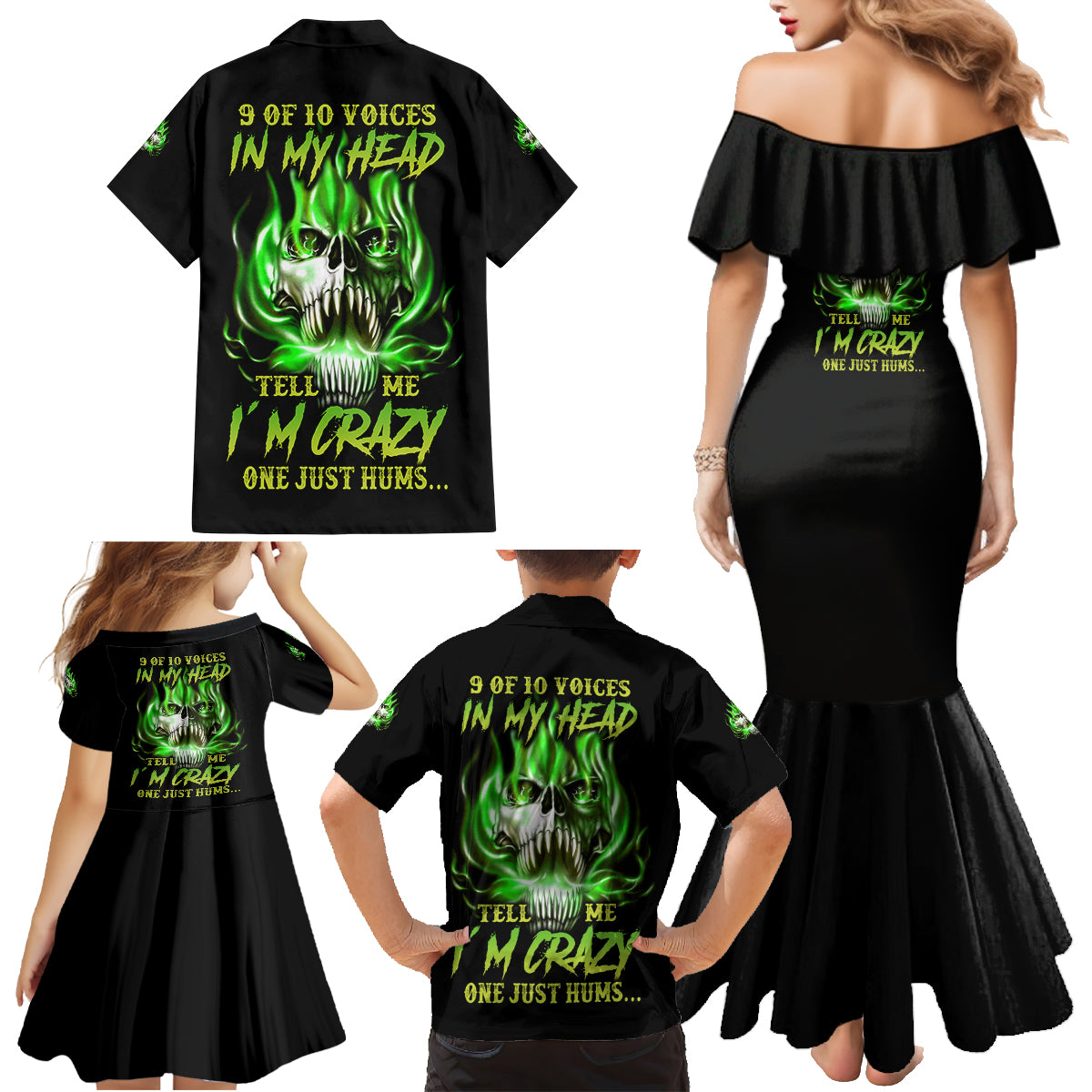9 Of 10 Voices In My Head Fire Skull Family Matching Mermaid Dress and Hawaiian Shirt - Wonder Print Shop