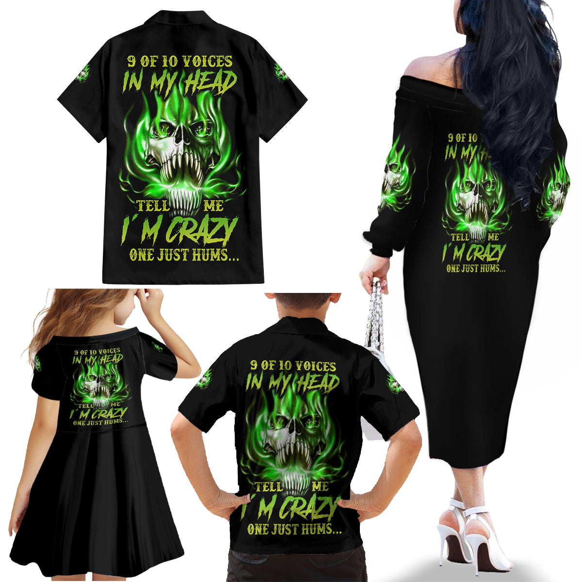 9 Of 10 Voices In My Head Fire Skull Family Matching Off Shoulder Long Sleeve Dress and Hawaiian Shirt - Wonder Print Shop