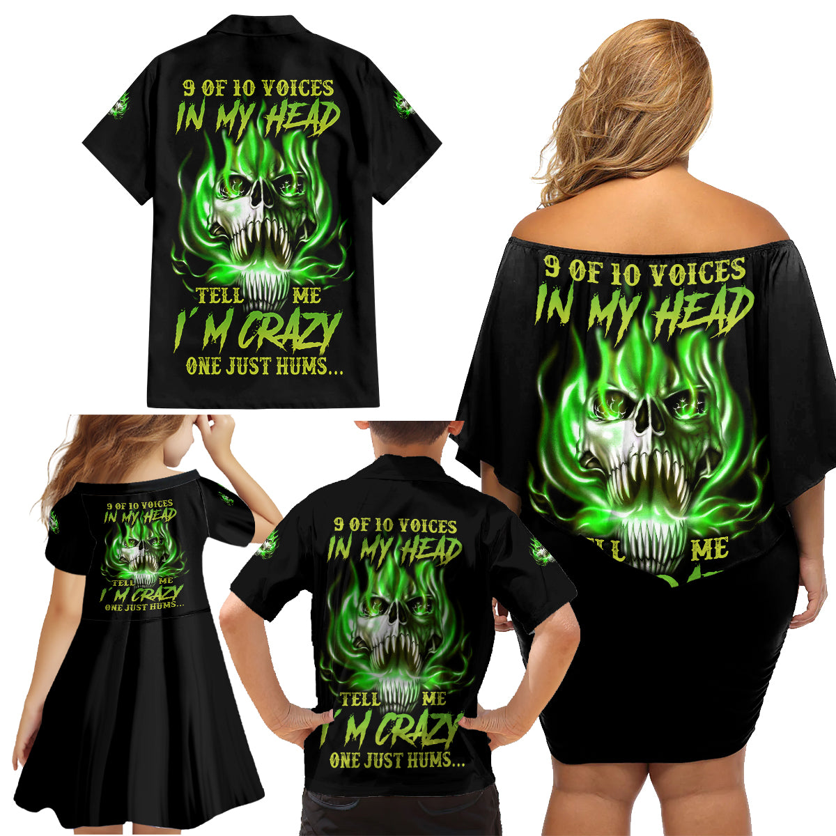 9 Of 10 Voices In My Head Fire Skull Family Matching Off Shoulder Short Dress and Hawaiian Shirt - Wonder Print Shop