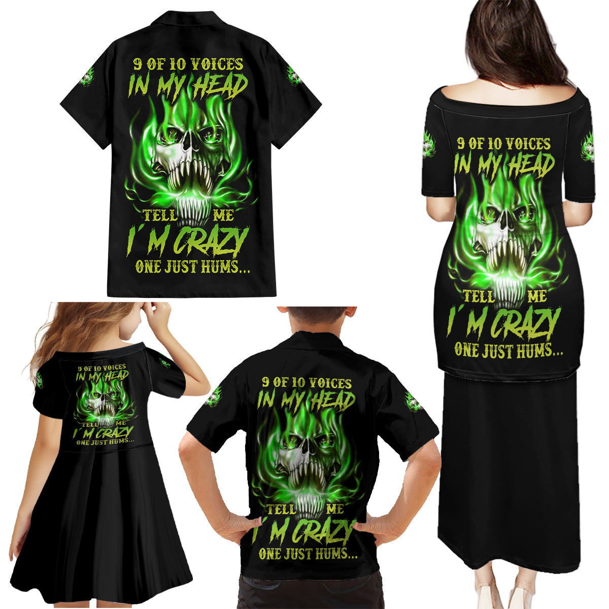 9 Of 10 Voices In My Head Fire Skull Family Matching Puletasi Dress and Hawaiian Shirt - Wonder Print Shop