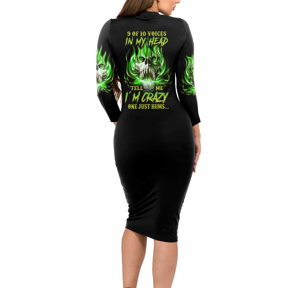 9 Of 10 Voices In My Head Fire Skull Long Sleeve Bodycon Dress - Wonder Print Shop