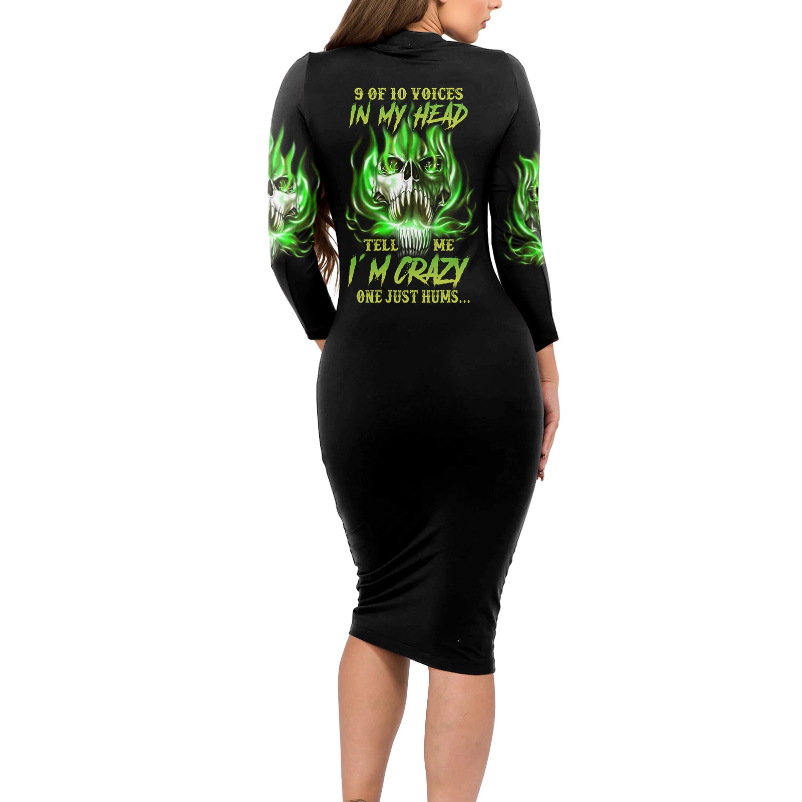 9 Of 10 Voices In My Head Fire Skull Long Sleeve Bodycon Dress - Wonder Print Shop