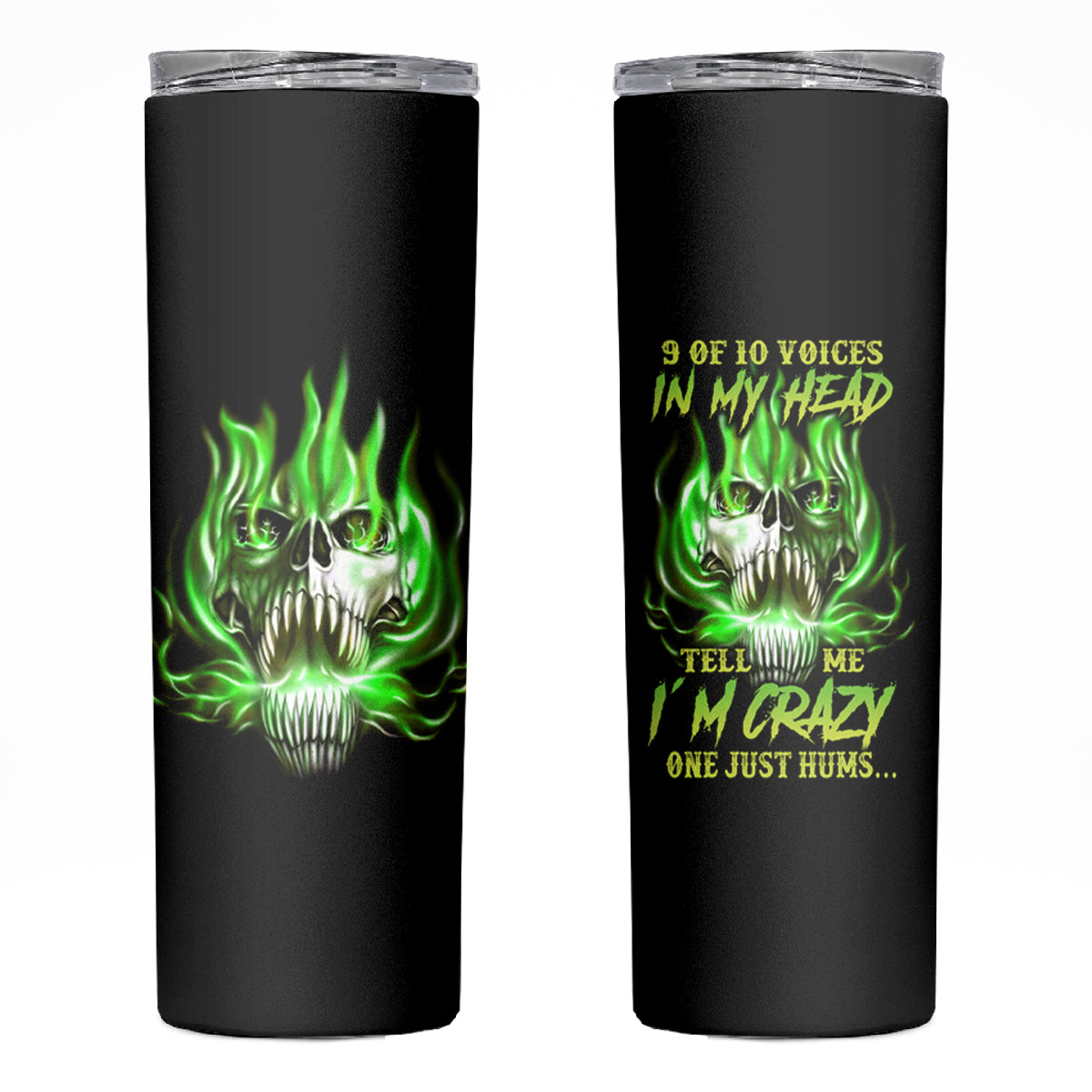 9 Of 10 Voices In My Head Fire Skull Skinny Tumbler - Wonder Print Shop