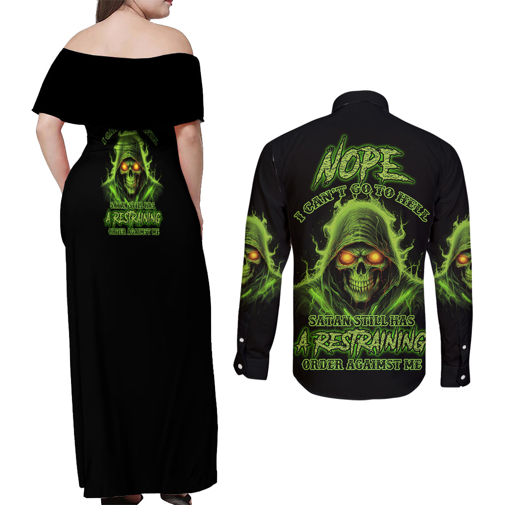 Nope I Can't Go To Hell Couples Matching Off Shoulder Maxi Dress and Long Sleeve Button Shirt - Wonder Print Shop