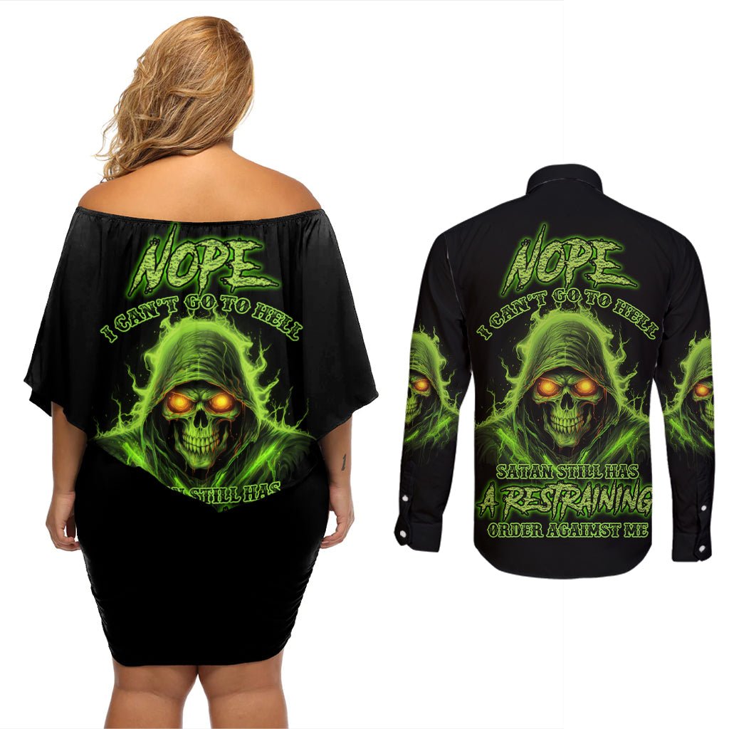 Nope I Can't Go To Hell Couples Matching Off Shoulder Short Dress and Long Sleeve Button Shirt - Wonder Print Shop