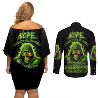 Nope I Can't Go To Hell Couples Matching Off Shoulder Short Dress and Long Sleeve Button Shirt - Wonder Print Shop
