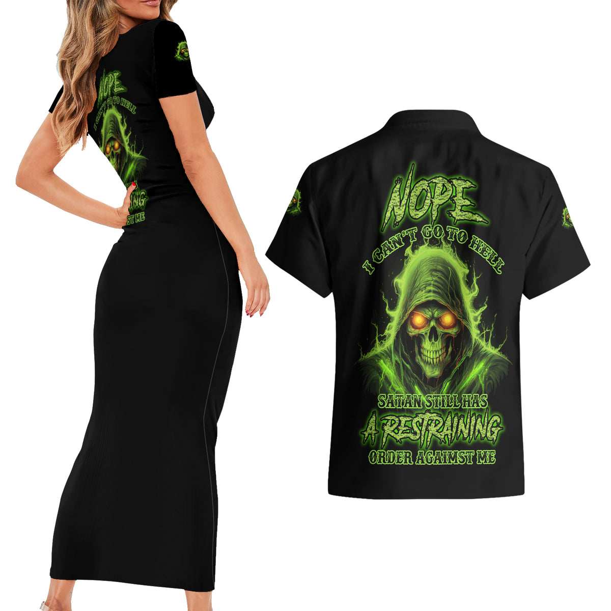Nope I Can't Go To Hell Couples Matching Short Sleeve Bodycon Dress and Hawaiian Shirt - Wonder Print Shop
