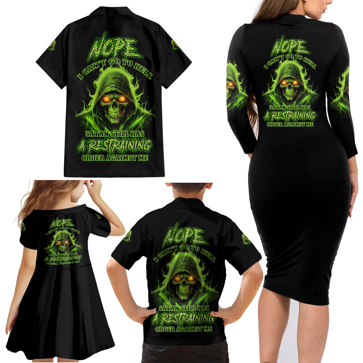 Nope I Can't Go To Hell Family Matching Long Sleeve Bodycon Dress and Hawaiian Shirt - Wonder Print Shop