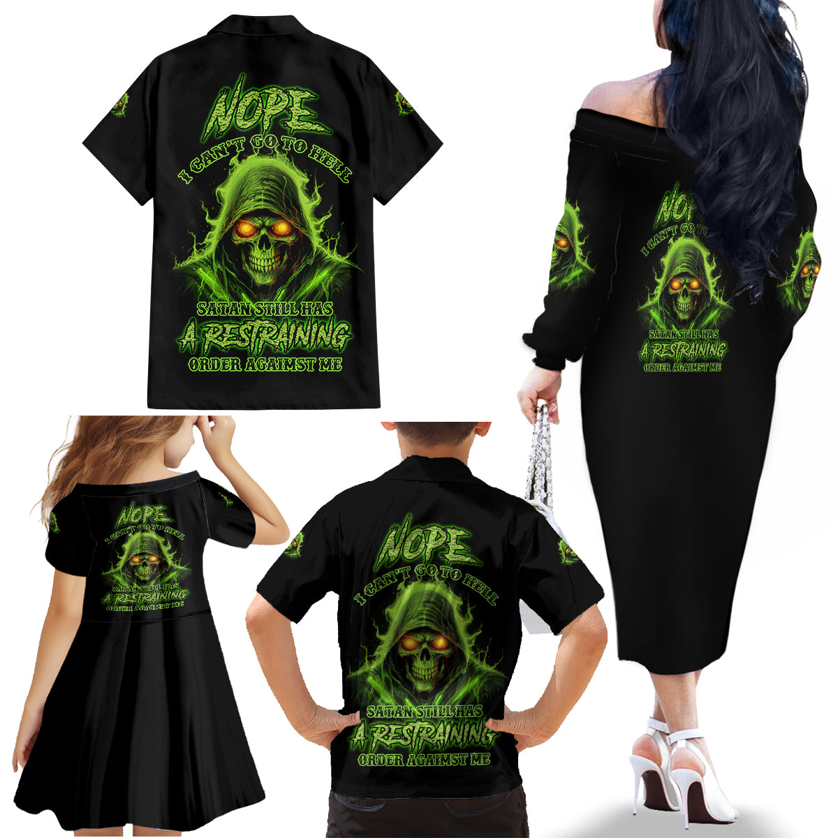 Nope I Can't Go To Hell Family Matching Off Shoulder Long Sleeve Dress and Hawaiian Shirt - Wonder Print Shop
