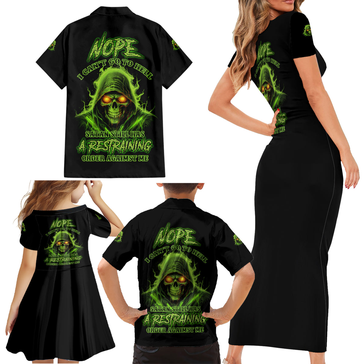 Nope I Can't Go To Hell Family Matching Short Sleeve Bodycon Dress and Hawaiian Shirt - Wonder Print Shop