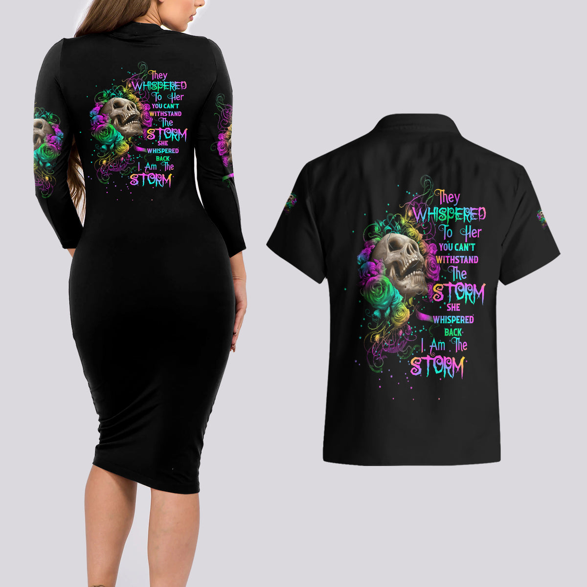 I Am The Storm Tie Dye Rose Skull Couples Matching Long Sleeve Bodycon Dress and Hawaiian Shirt - Wonder Print Shop