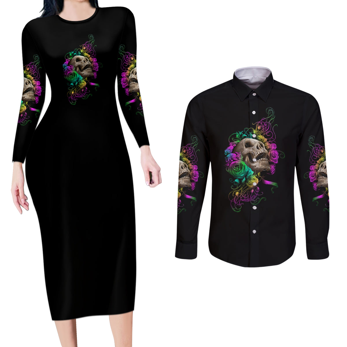 I Am The Storm Tie Dye Rose Skull Couples Matching Long Sleeve Bodycon Dress and Long Sleeve Button Shirt - Wonder Print Shop