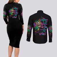 I Am The Storm Tie Dye Rose Skull Couples Matching Long Sleeve Bodycon Dress and Long Sleeve Button Shirt - Wonder Print Shop