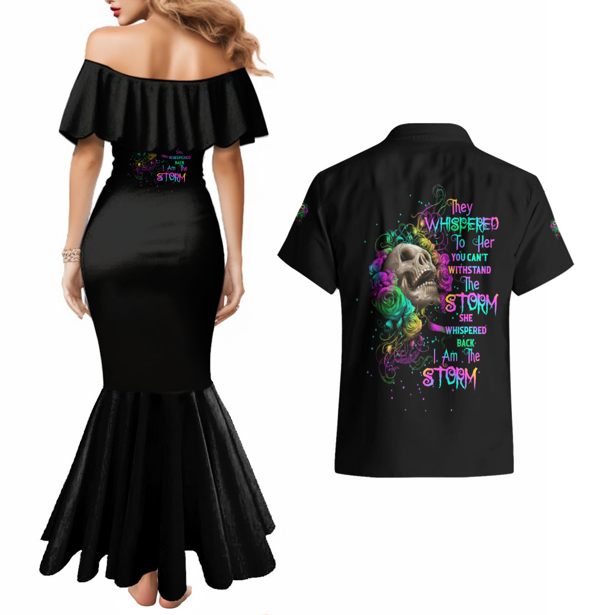 I Am The Storm Tie Dye Rose Skull Couples Matching Mermaid Dress and Hawaiian Shirt - Wonder Print Shop