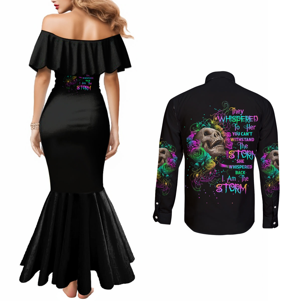 i-am-the-storm-tie-dye-rose-skull-couples-matching-mermaid-dress-and-long-sleeve-button-shirt