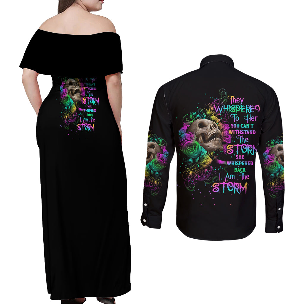 I Am The Storm Tie Dye Rose Skull Couples Matching Off Shoulder Maxi Dress and Long Sleeve Button Shirt - Wonder Print Shop