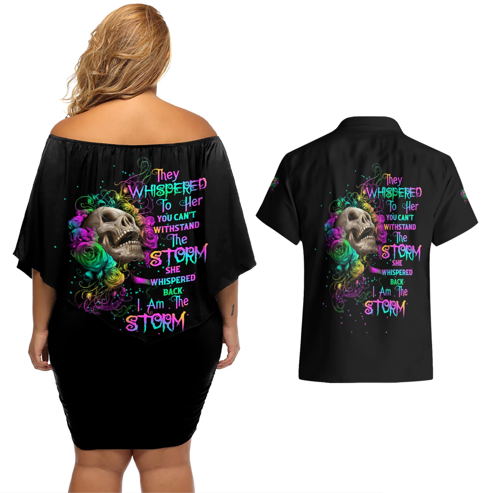 I Am The Storm Tie Dye Rose Skull Couples Matching Off Shoulder Short Dress and Hawaiian Shirt - Wonder Print Shop