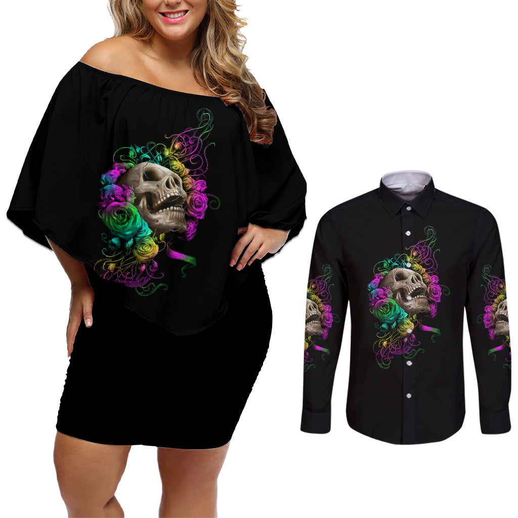 I Am The Storm Tie Dye Rose Skull Couples Matching Off Shoulder Short Dress and Long Sleeve Button Shirt - Wonder Print Shop