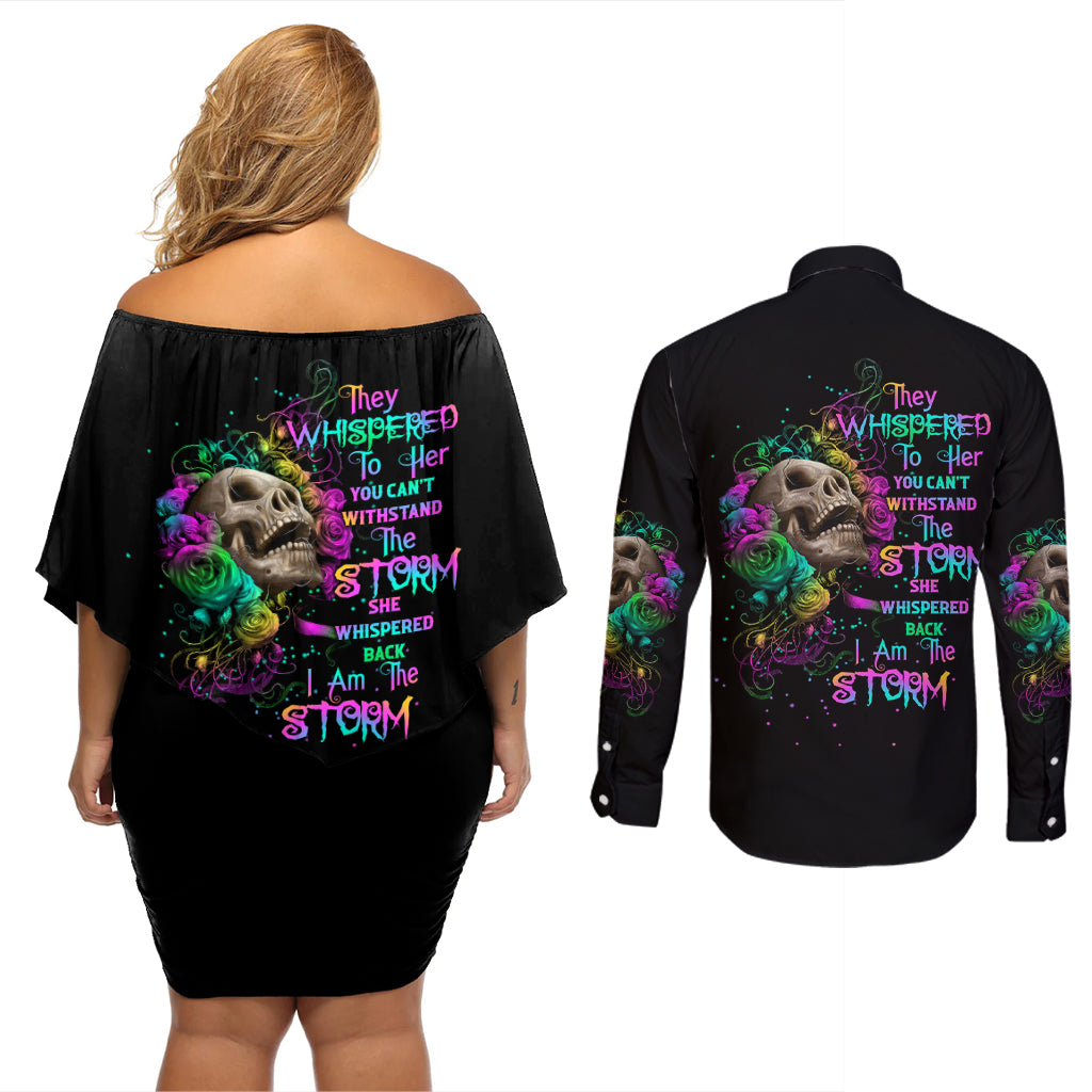 I Am The Storm Tie Dye Rose Skull Couples Matching Off Shoulder Short Dress and Long Sleeve Button Shirt - Wonder Print Shop