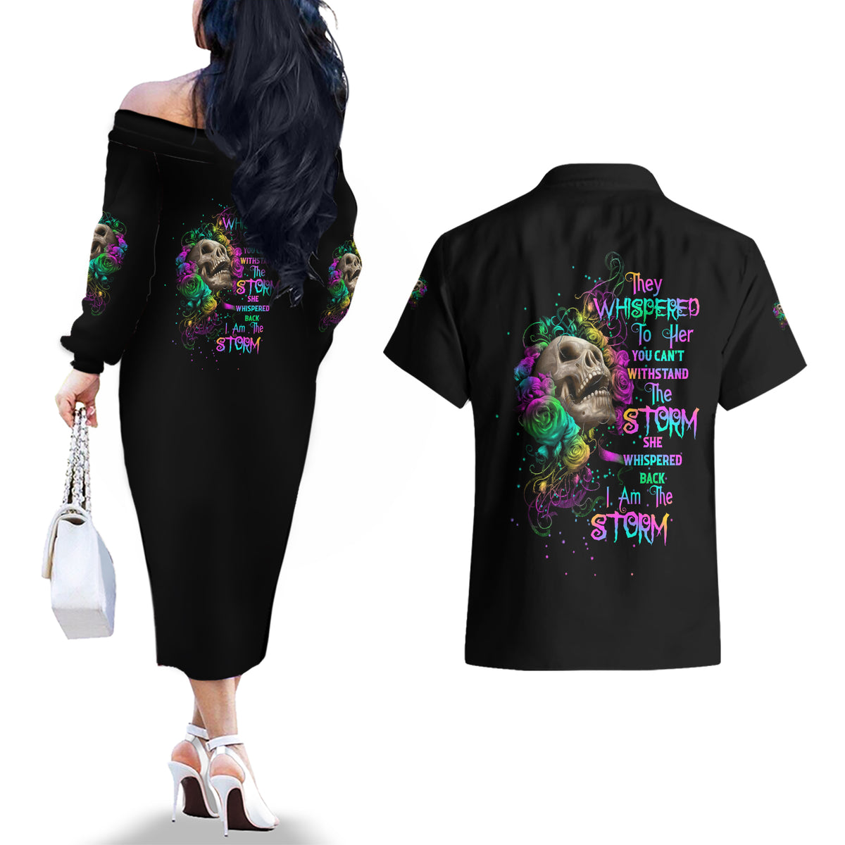 I Am The Storm Tie Dye Rose Skull Couples Matching Off The Shoulder Long Sleeve Dress and Hawaiian Shirt - Wonder Print Shop