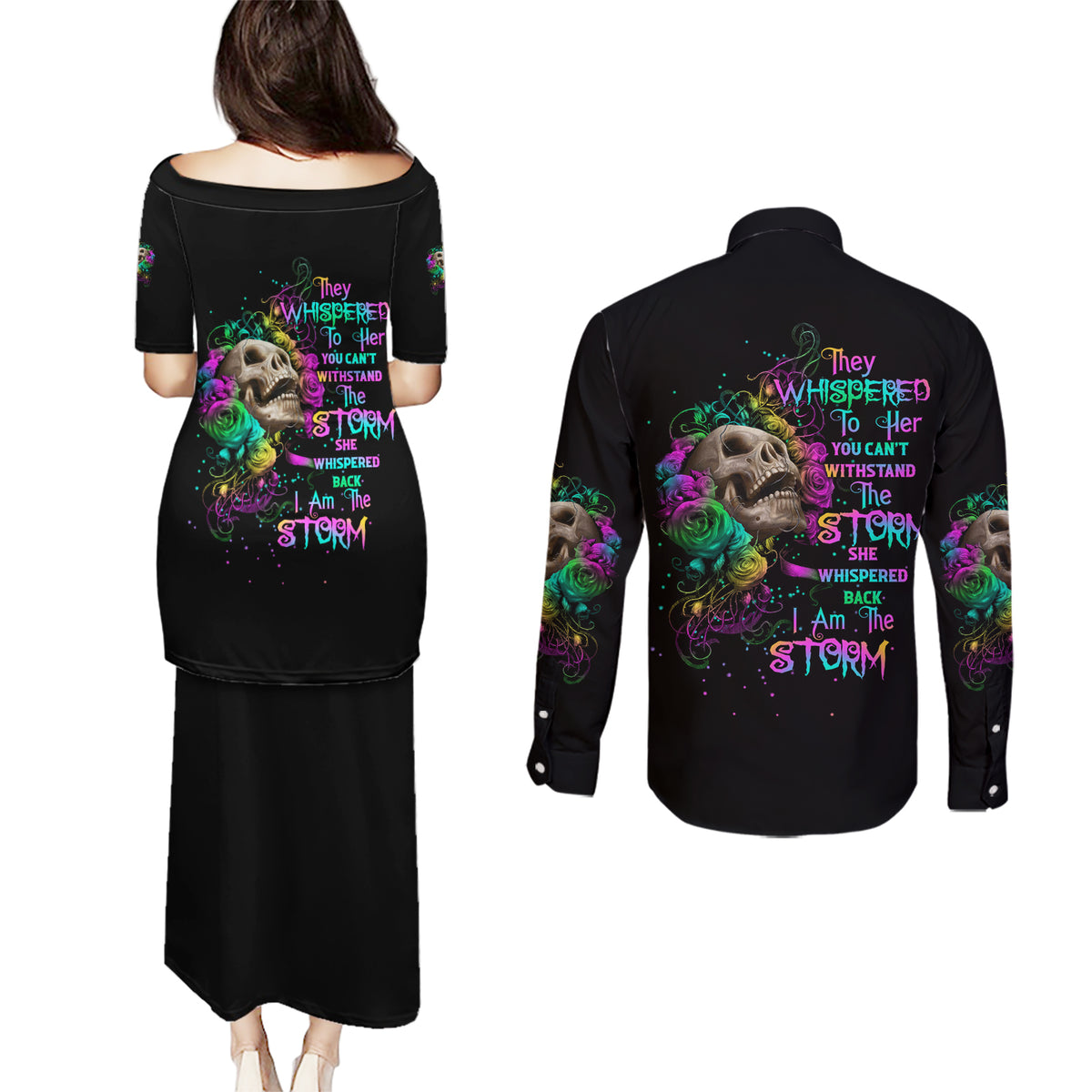 I Am The Storm Tie Dye Rose Skull Couples Matching Puletasi Dress and Long Sleeve Button Shirt - Wonder Print Shop