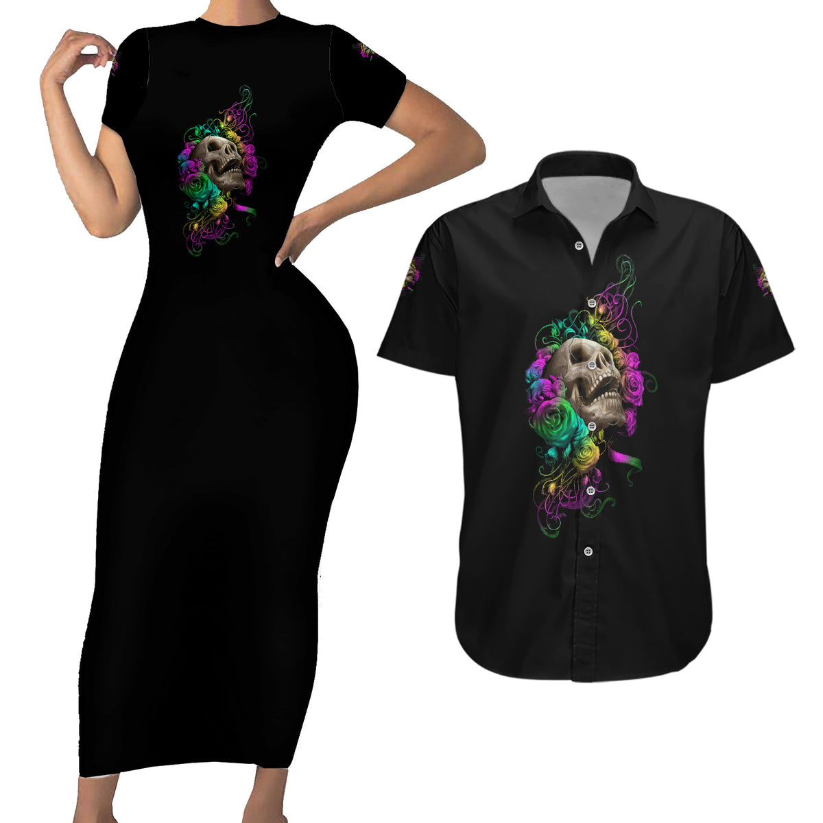 I Am The Storm Tie Dye Rose Skull Couples Matching Short Sleeve Bodycon Dress and Hawaiian Shirt - Wonder Print Shop
