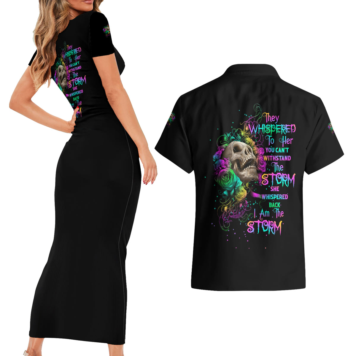 I Am The Storm Tie Dye Rose Skull Couples Matching Short Sleeve Bodycon Dress and Hawaiian Shirt - Wonder Print Shop