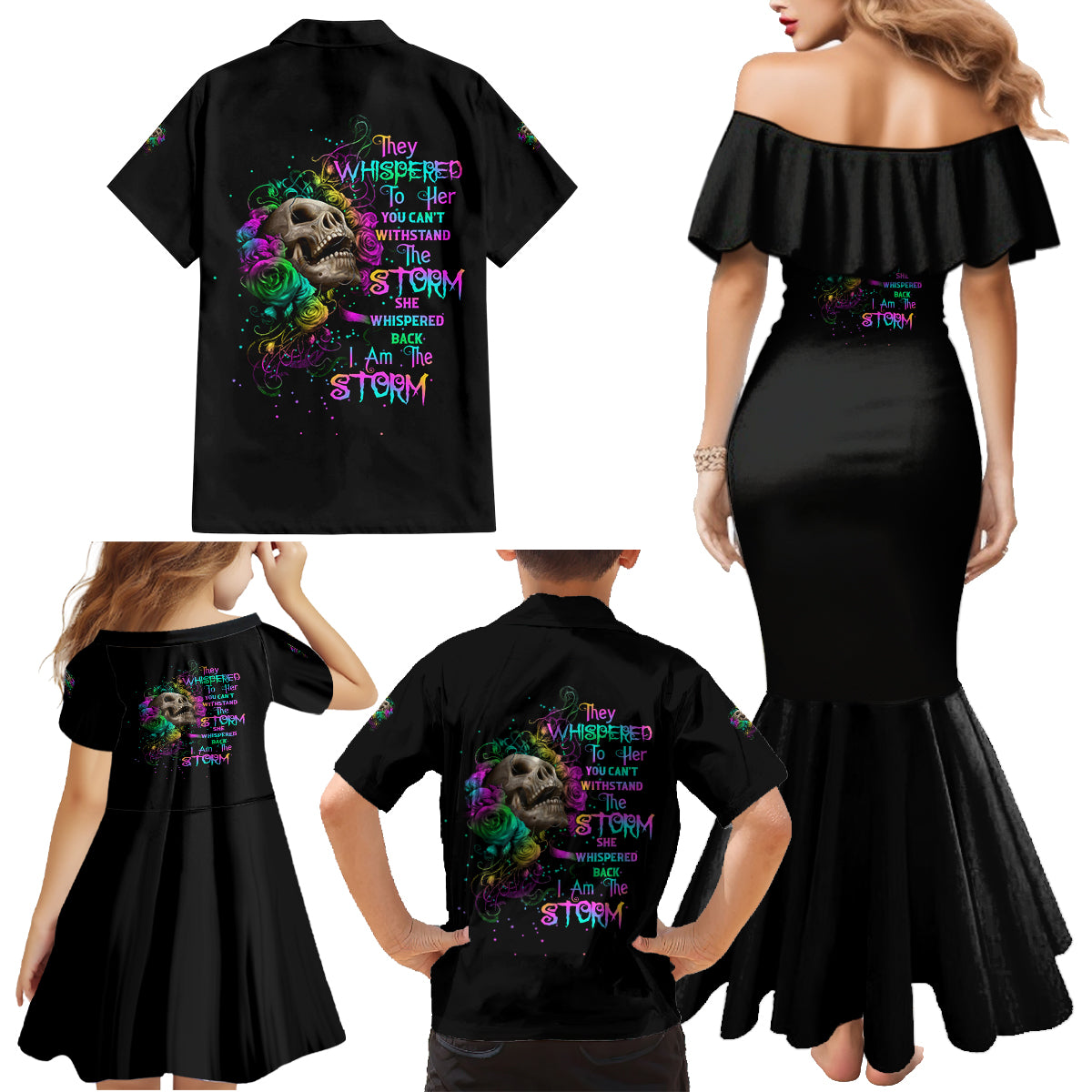 I Am The Storm Tie Dye Rose Skull Family Matching Mermaid Dress and Hawaiian Shirt - Wonder Print Shop