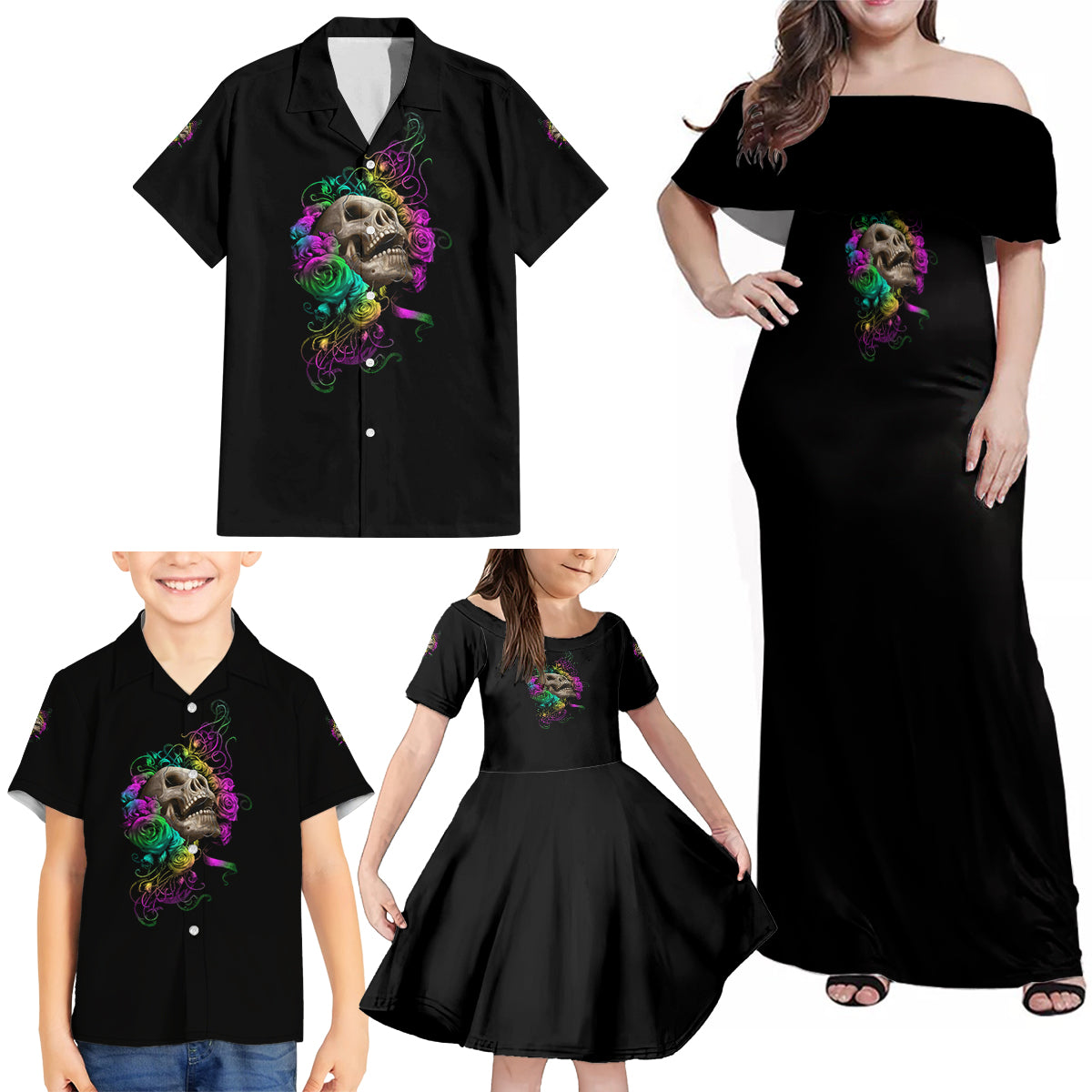 I Am The Storm Tie Dye Rose Skull Family Matching Off Shoulder Maxi Dress and Hawaiian Shirt - Wonder Print Shop