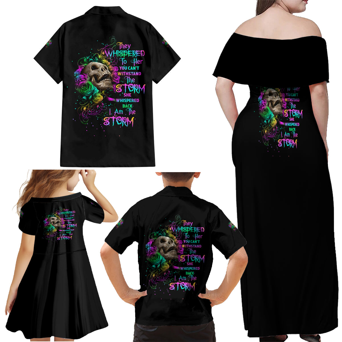 I Am The Storm Tie Dye Rose Skull Family Matching Off Shoulder Maxi Dress and Hawaiian Shirt - Wonder Print Shop