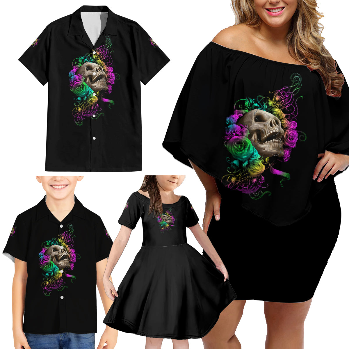 I Am The Storm Tie Dye Rose Skull Family Matching Off Shoulder Short Dress and Hawaiian Shirt - Wonder Print Shop