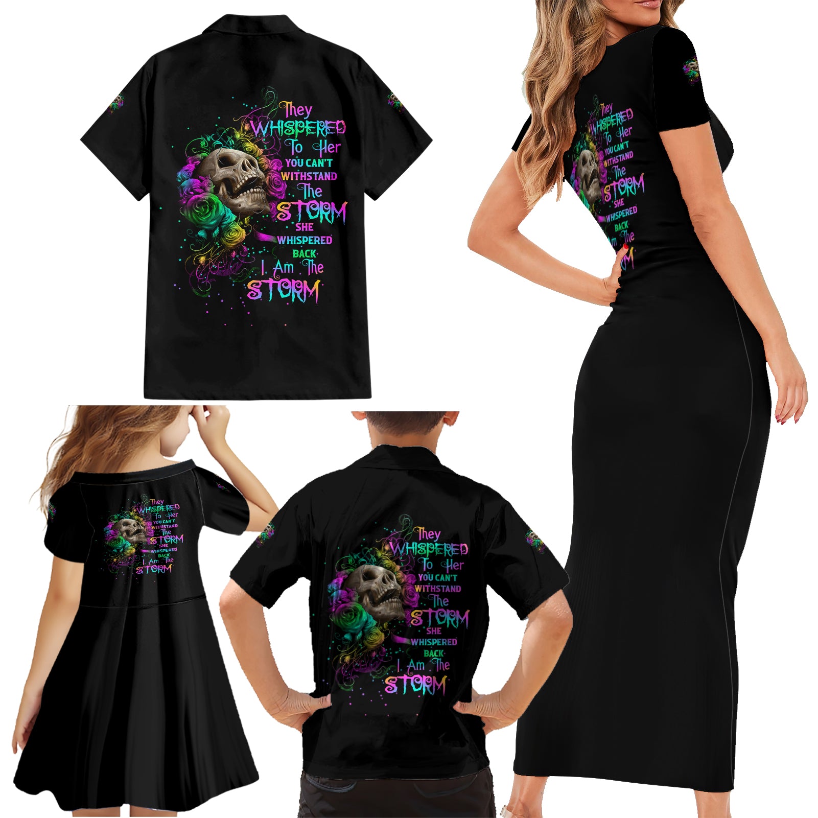 I Am The Storm Tie Dye Rose Skull Family Matching Short Sleeve Bodycon Dress and Hawaiian Shirt - Wonder Print Shop