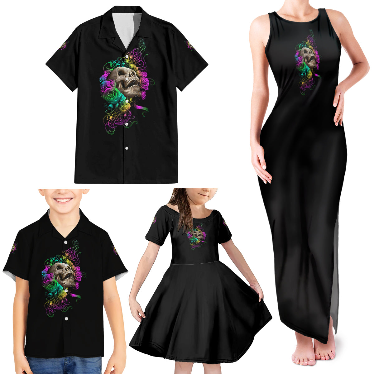 I Am The Storm Tie Dye Rose Skull Family Matching Tank Maxi Dress and Hawaiian Shirt - Wonder Print Shop