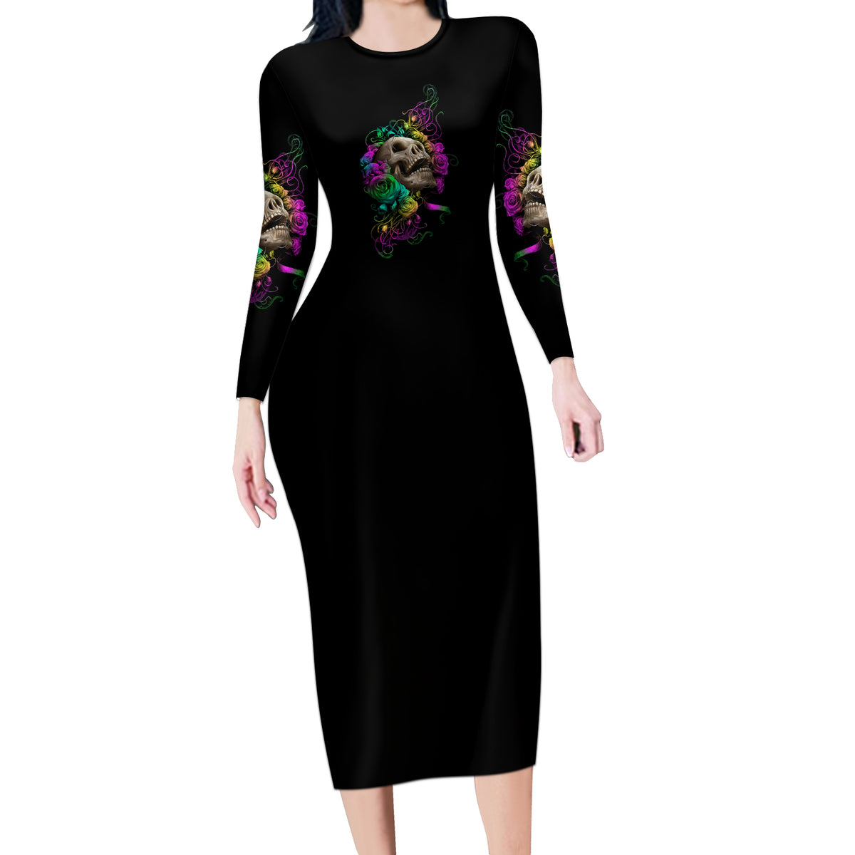I Am The Storm Tie Dye Rose Skull Long Sleeve Bodycon Dress - Wonder Print Shop