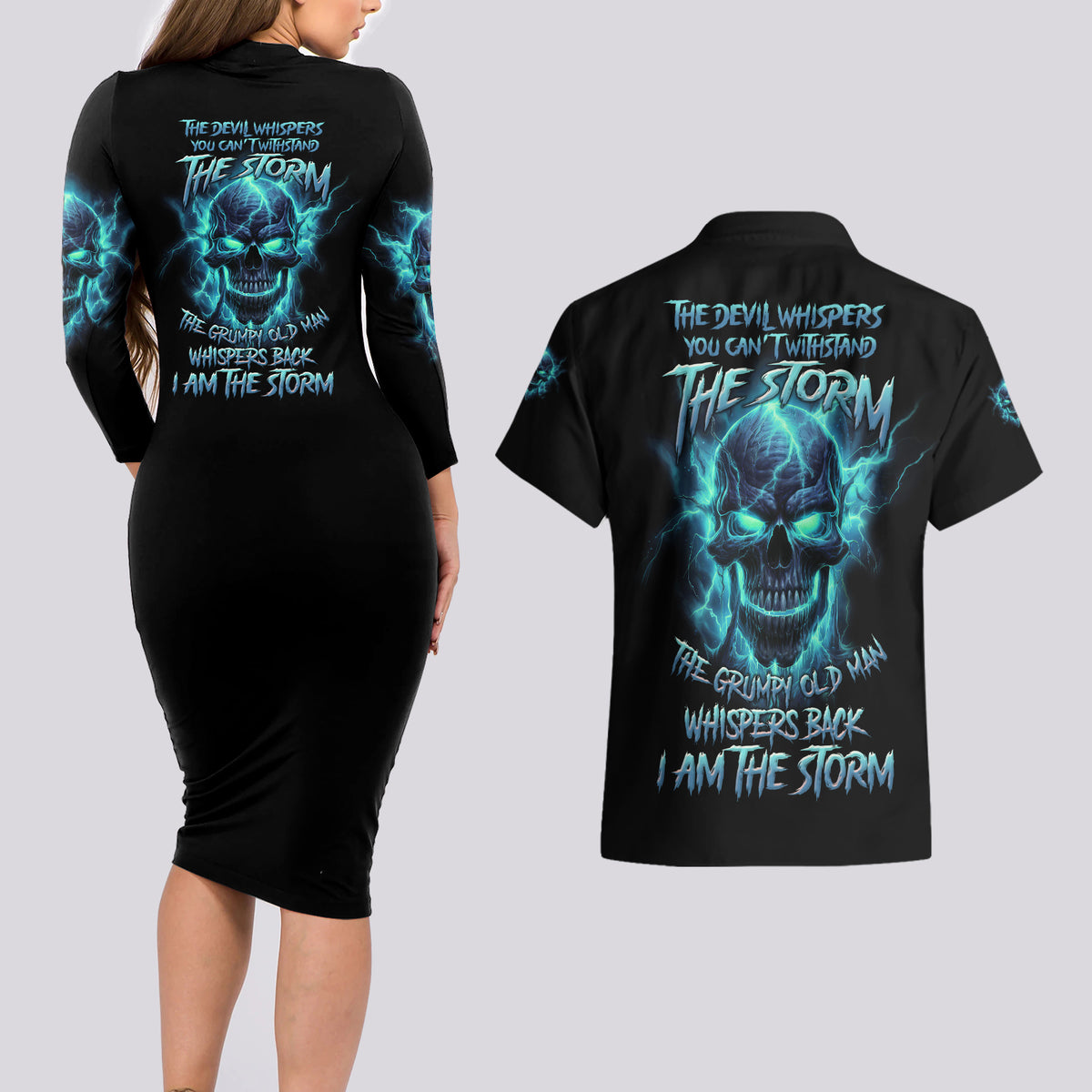 I Am The Storm Grumpy Old Man Couples Matching Long Sleeve Bodycon Dress and Hawaiian Shirt - Wonder Print Shop