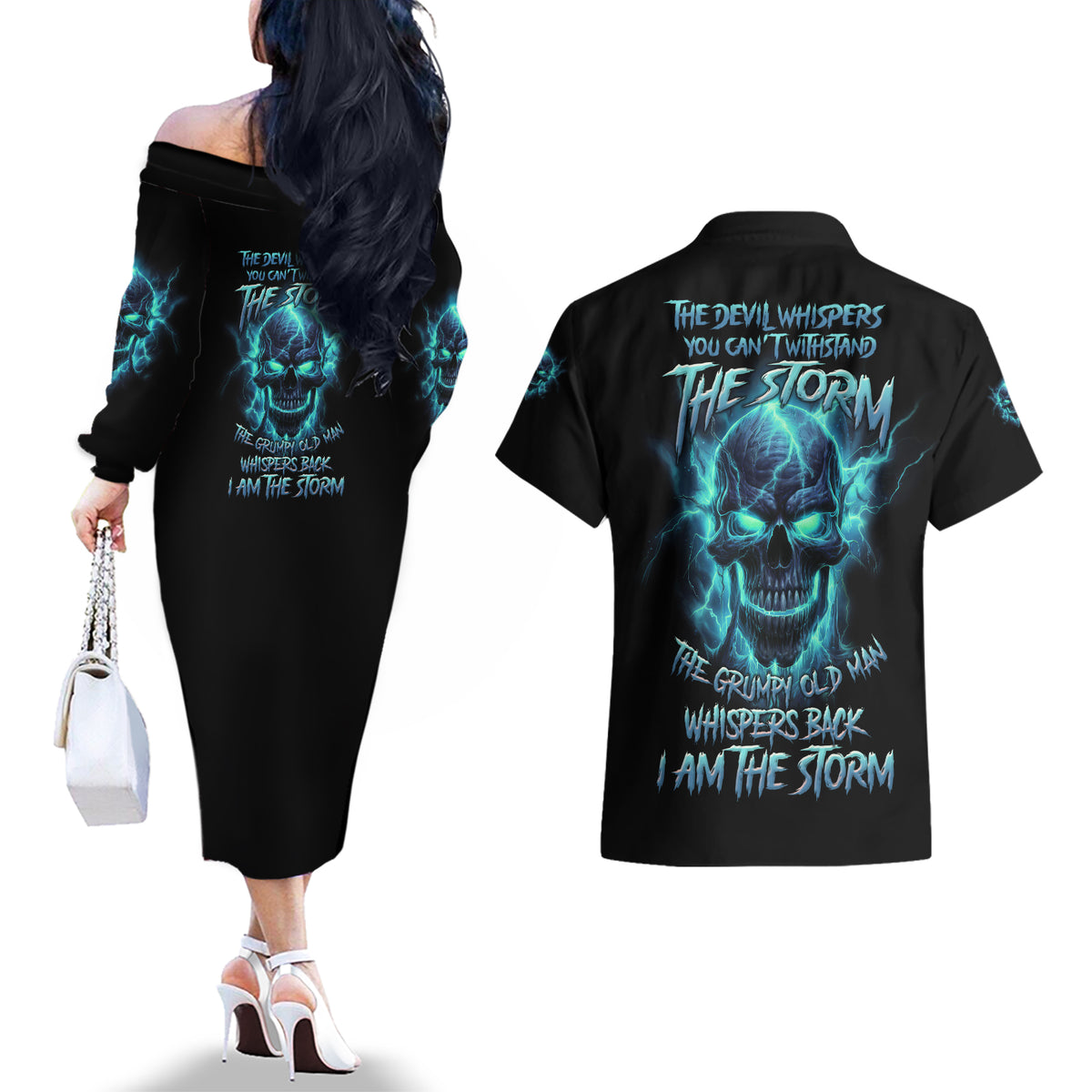 I Am The Storm Grumpy Old Man Couples Matching Off The Shoulder Long Sleeve Dress and Hawaiian Shirt - Wonder Print Shop