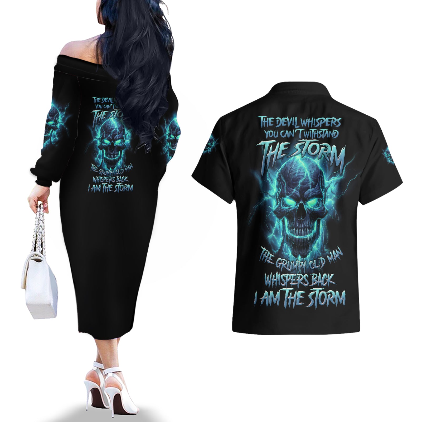 I Am The Storm Grumpy Old Man Couples Matching Off The Shoulder Long Sleeve Dress and Hawaiian Shirt - Wonder Print Shop