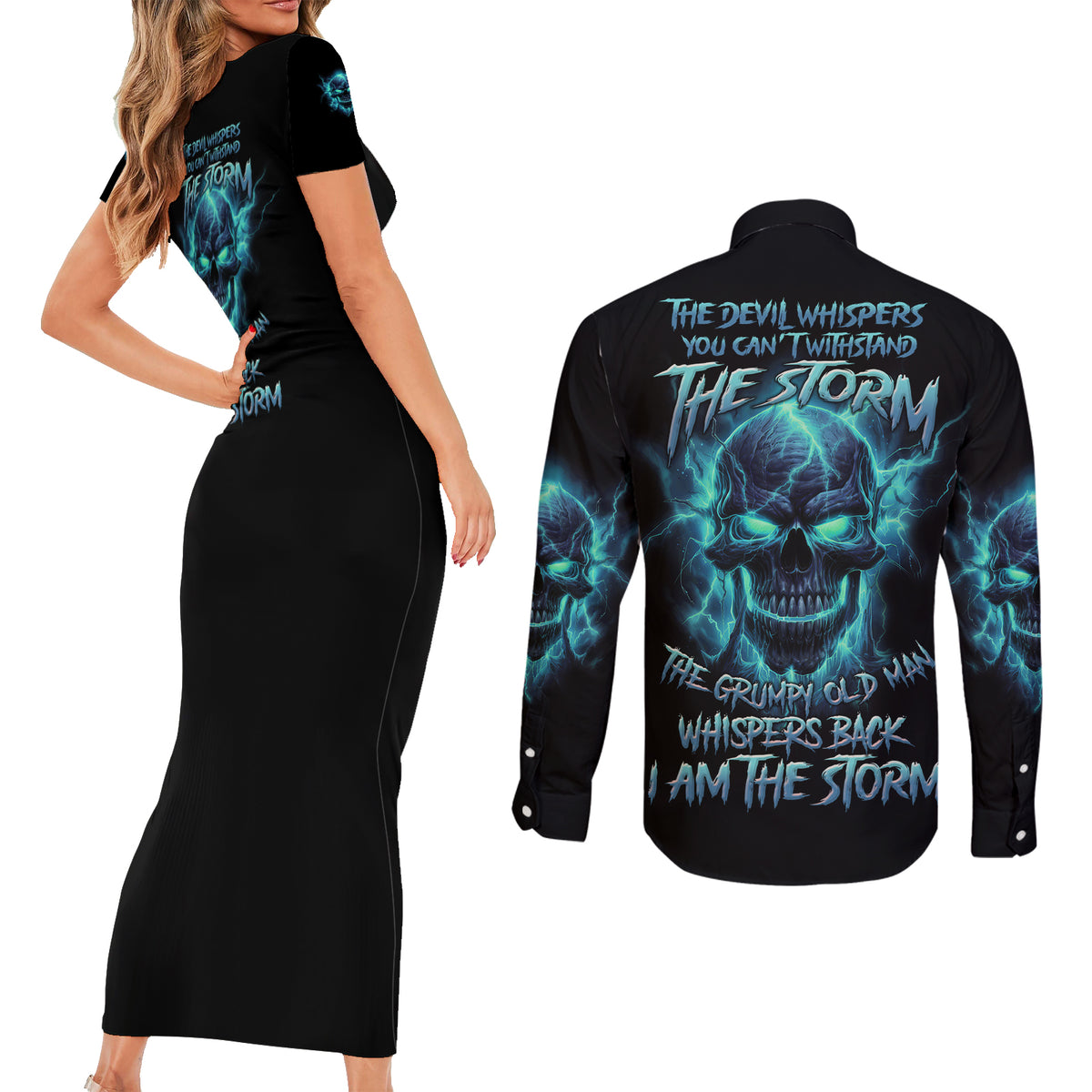 I Am The Storm Grumpy Old Man Couples Matching Short Sleeve Bodycon Dress and Long Sleeve Button Shirt - Wonder Print Shop