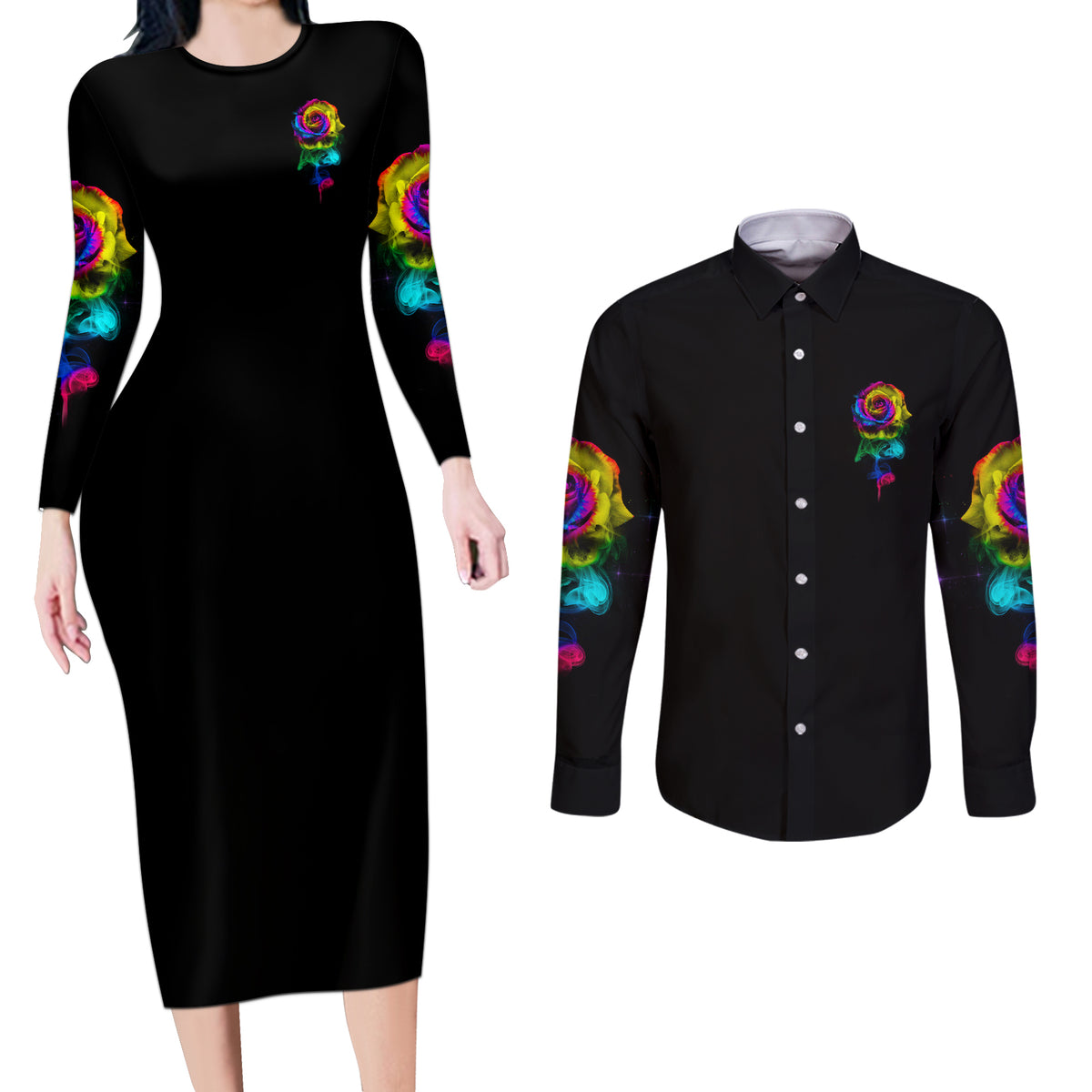 Karma Fairy Rose Smoke Skull Couples Matching Long Sleeve Bodycon Dress and Long Sleeve Button Shirt - Wonder Print Shop