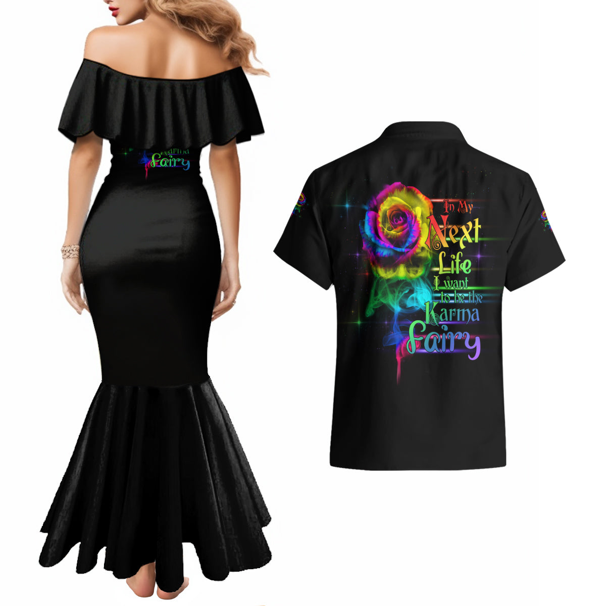 Karma Fairy Rose Smoke Skull Couples Matching Mermaid Dress and Hawaiian Shirt - Wonder Print Shop
