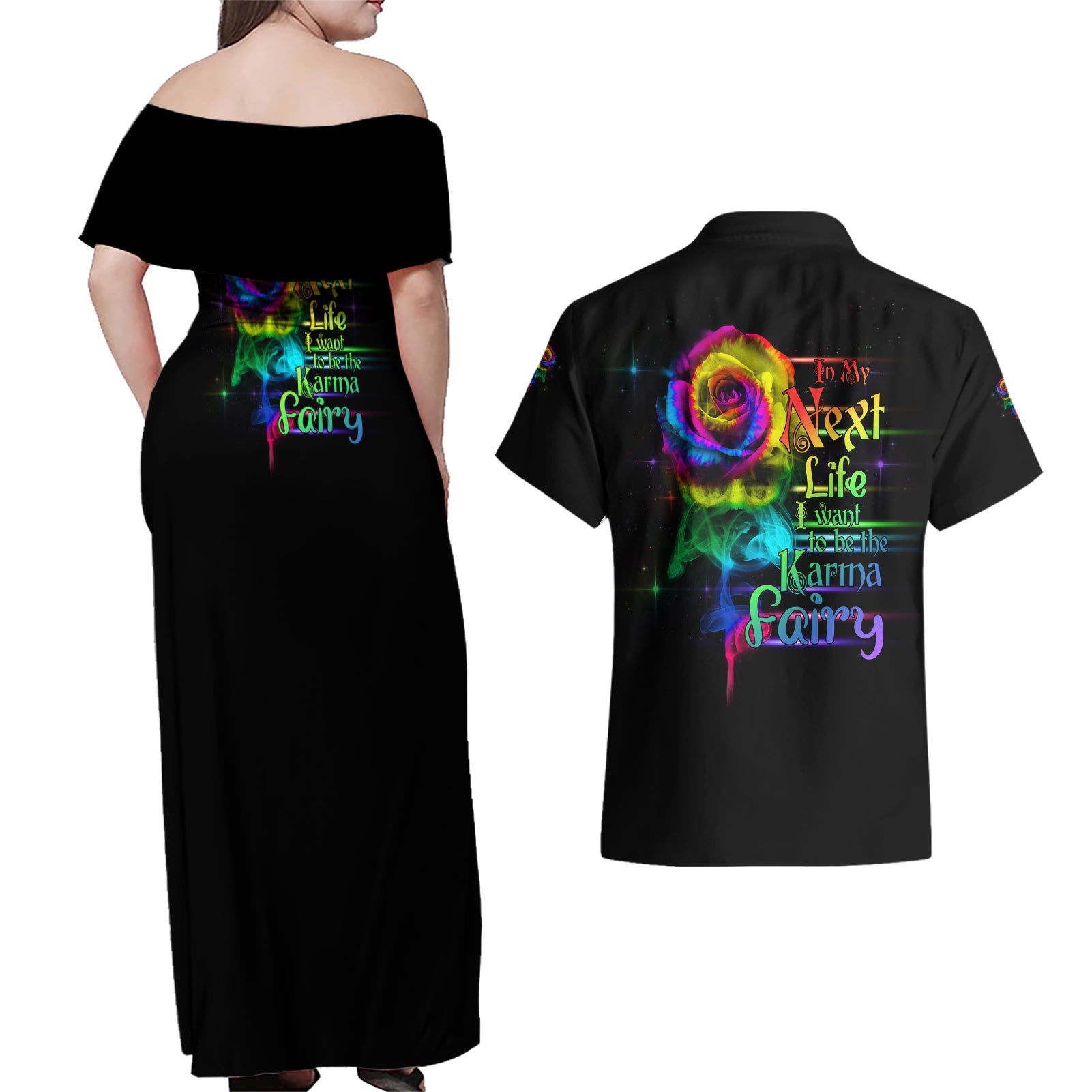 Karma Fairy Rose Smoke Skull Couples Matching Off Shoulder Maxi Dress and Hawaiian Shirt - Wonder Print Shop