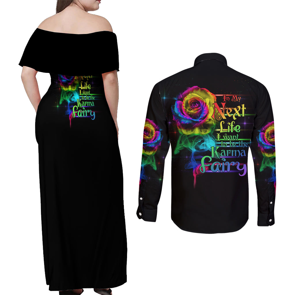 Karma Fairy Rose Smoke Skull Couples Matching Off Shoulder Maxi Dress and Long Sleeve Button Shirt - Wonder Print Shop