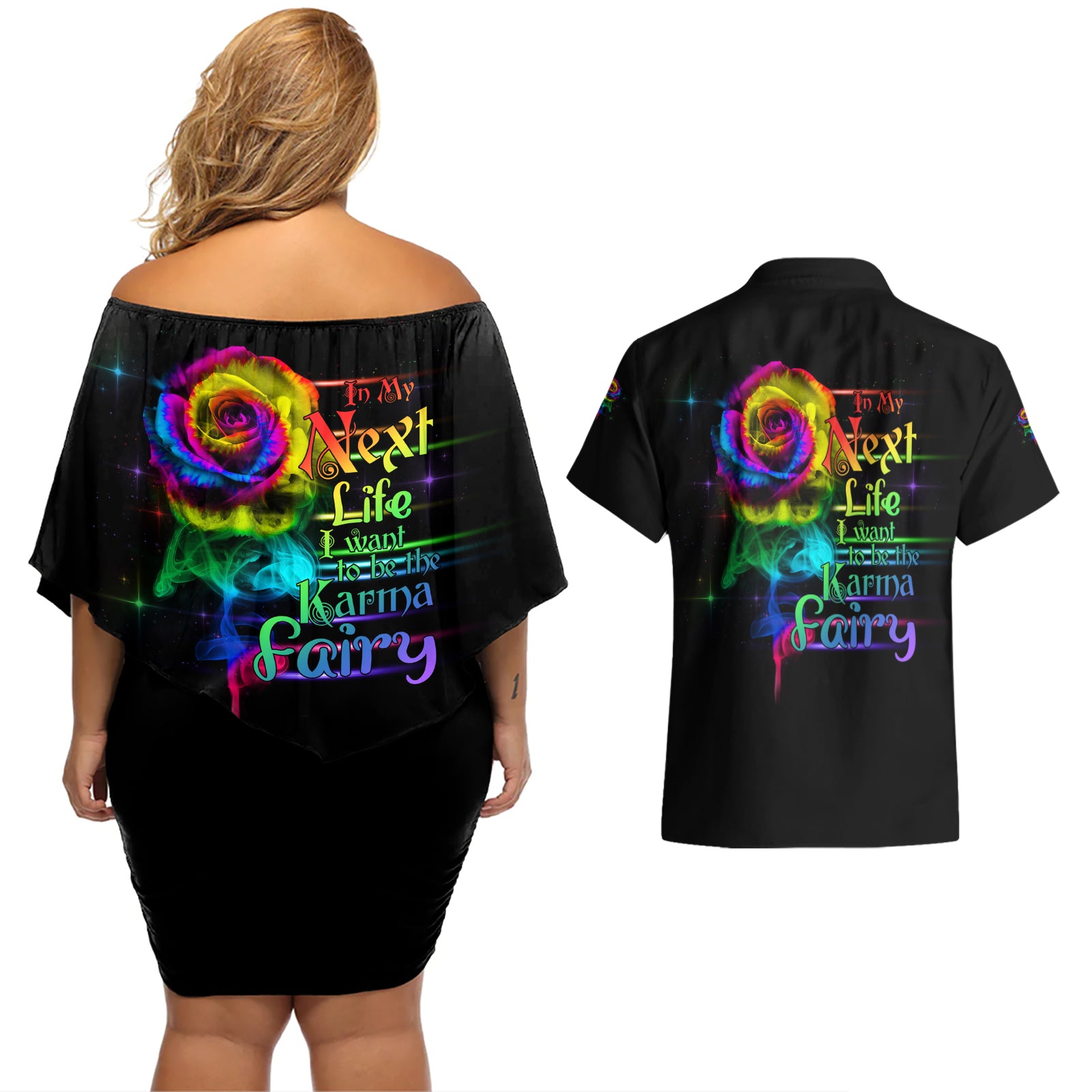 Karma Fairy Rose Smoke Skull Couples Matching Off Shoulder Short Dress and Hawaiian Shirt - Wonder Print Shop