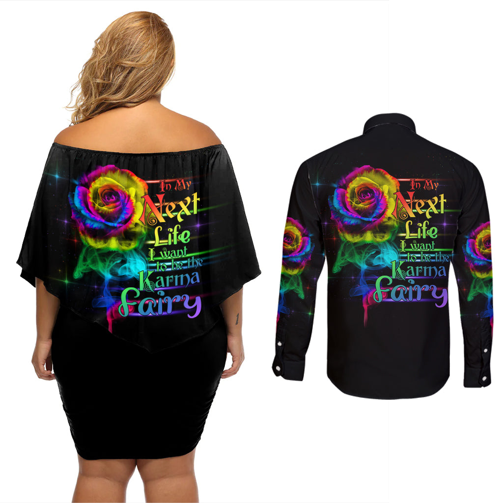 Karma Fairy Rose Smoke Skull Couples Matching Off Shoulder Short Dress and Long Sleeve Button Shirt - Wonder Print Shop