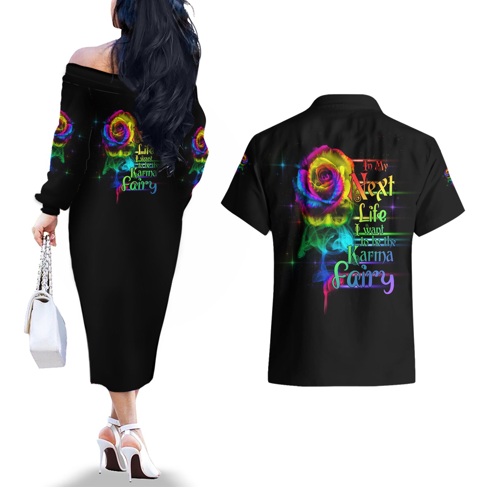 Karma Fairy Rose Smoke Skull Couples Matching Off The Shoulder Long Sleeve Dress and Hawaiian Shirt - Wonder Print Shop
