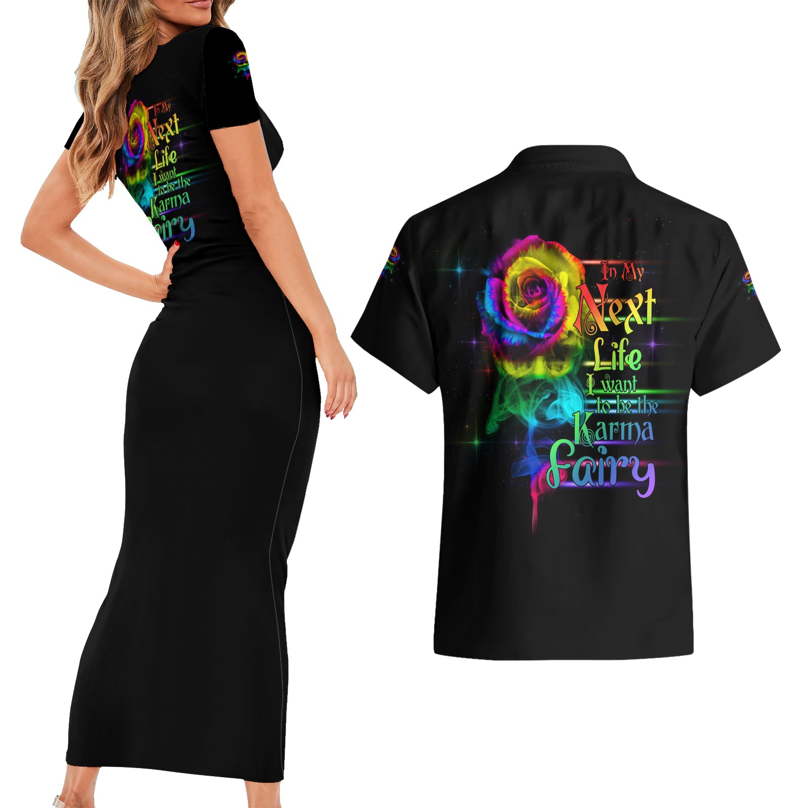 Karma Fairy Rose Smoke Skull Couples Matching Short Sleeve Bodycon Dress and Hawaiian Shirt - Wonder Print Shop