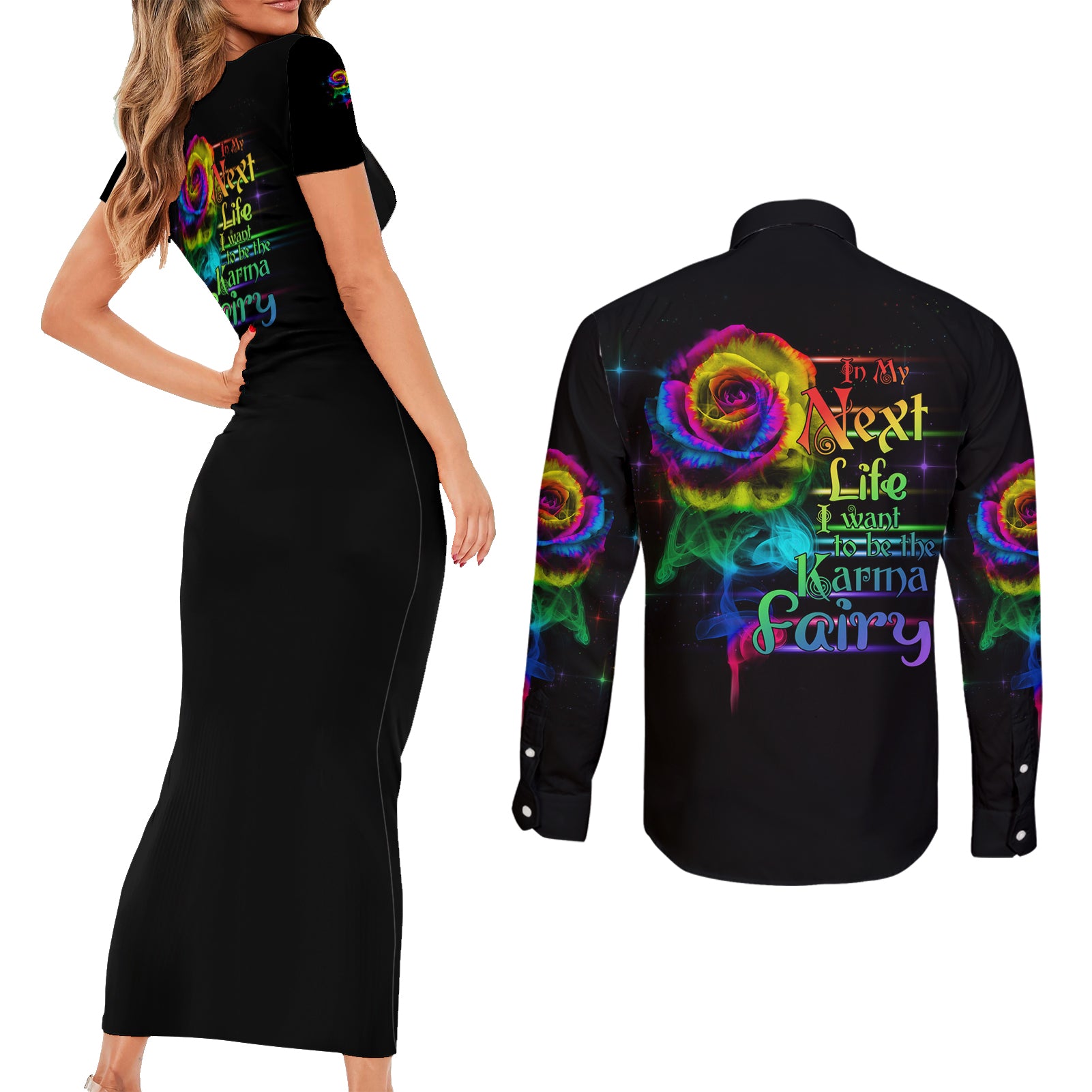 Karma Fairy Rose Smoke Skull Couples Matching Short Sleeve Bodycon Dress and Long Sleeve Button Shirt - Wonder Print Shop
