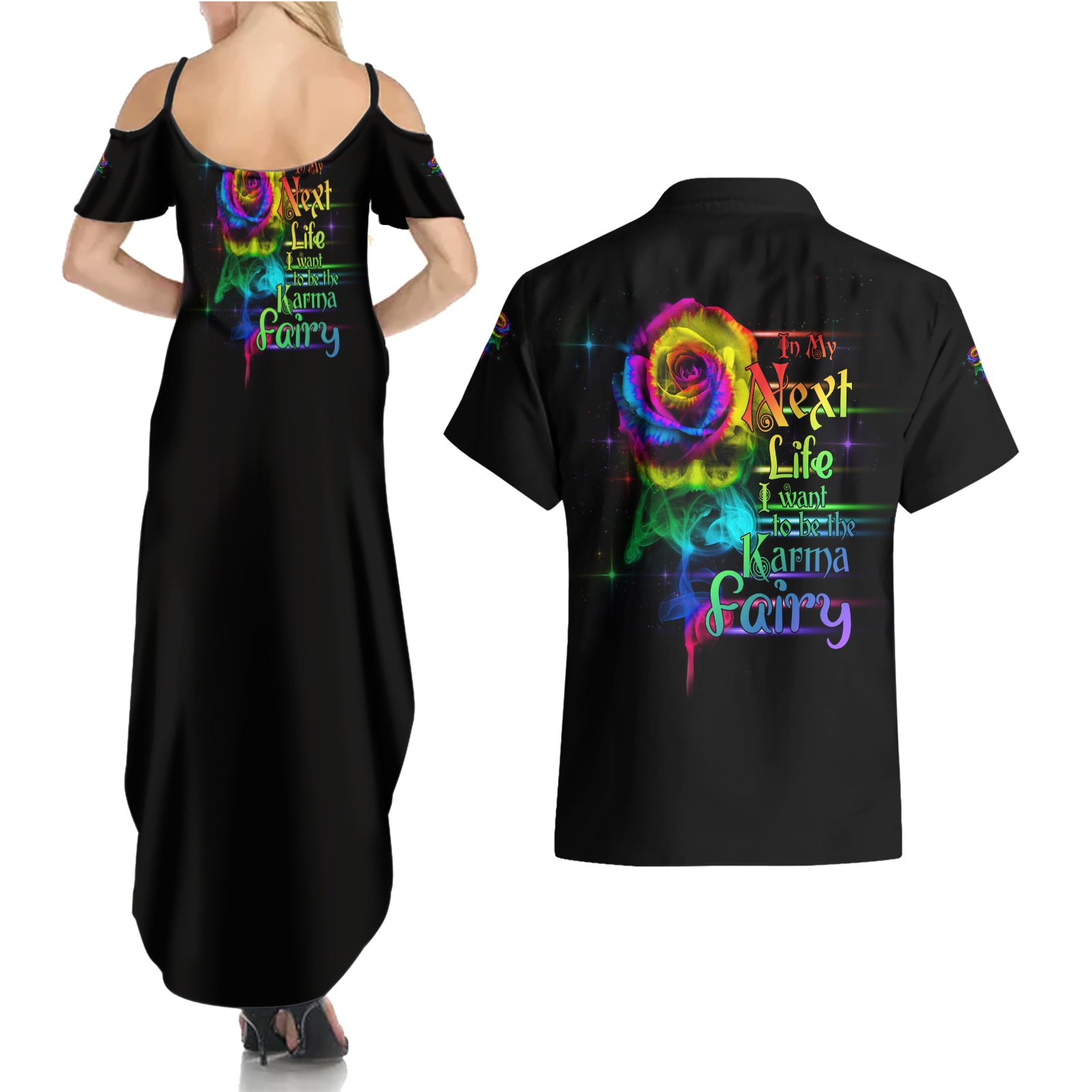 Karma Fairy Rose Smoke Skull Couples Matching Summer Maxi Dress and Hawaiian Shirt - Wonder Print Shop